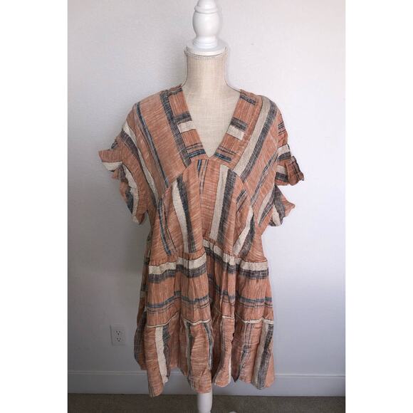 Lulu's Linen Dusty Orange Stripes Babydoll Dress - S - Picture 1 of 4